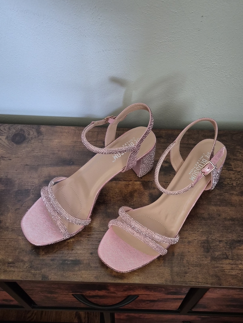 De Blossom Collection Blush Pink Rhinestone Block Heel Sandals